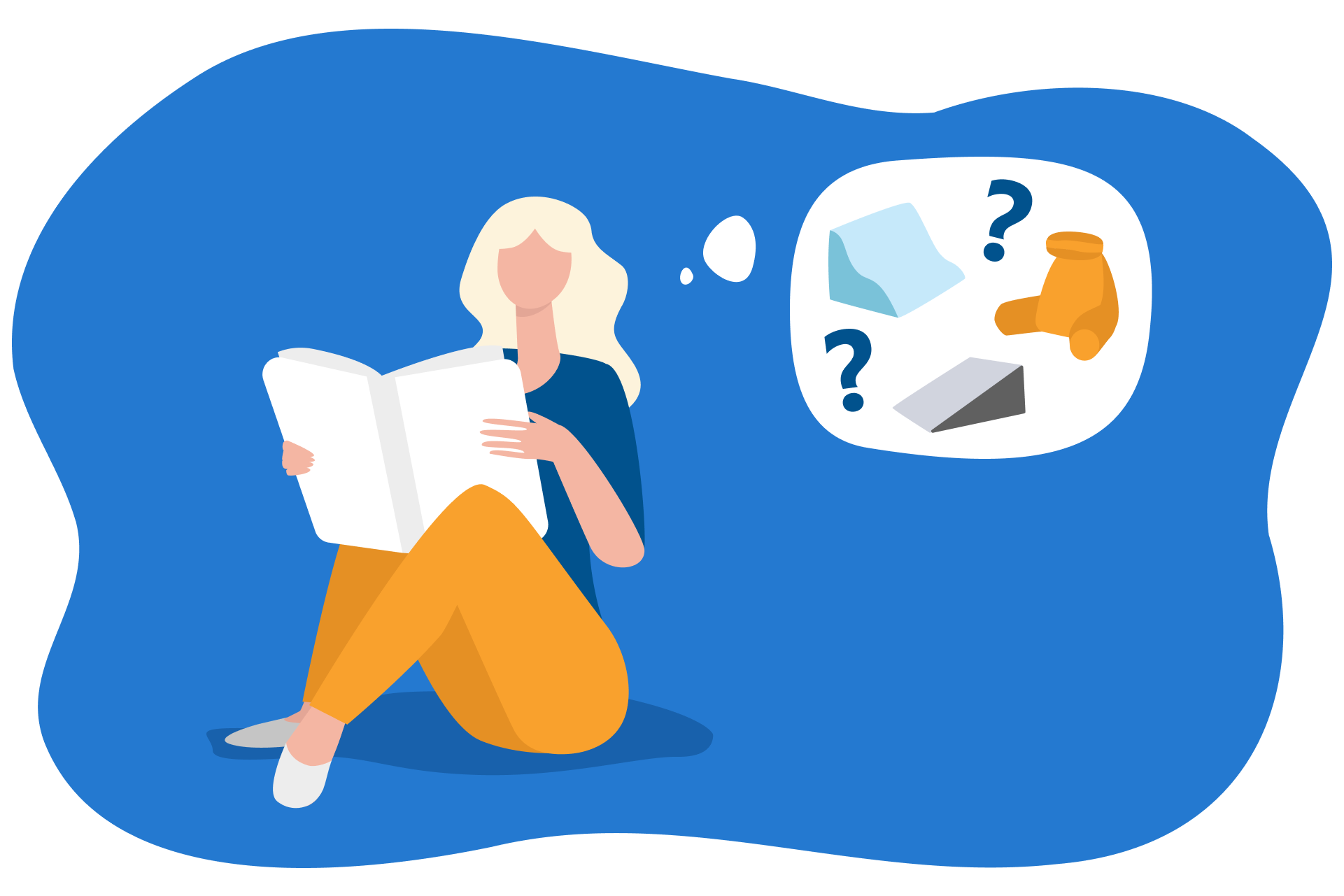 Ilustração de uma mulher lendo e pensando sobre tipos diferentes de travesseiros.